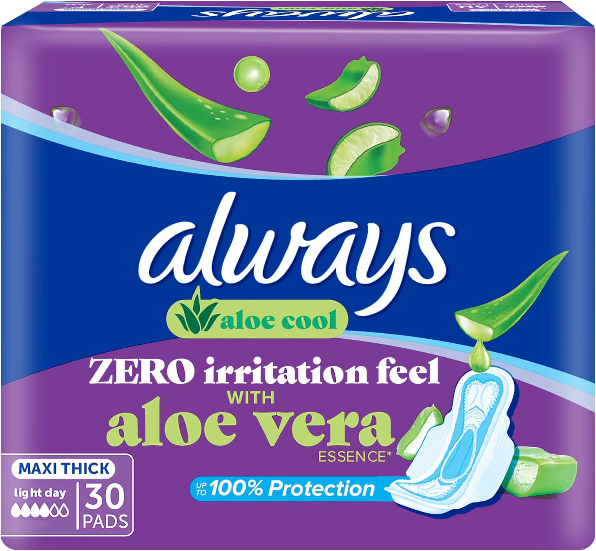 Aloe Cool Pads For Light Days, Long Maxi Thick Pads With Wings, 30 Pads