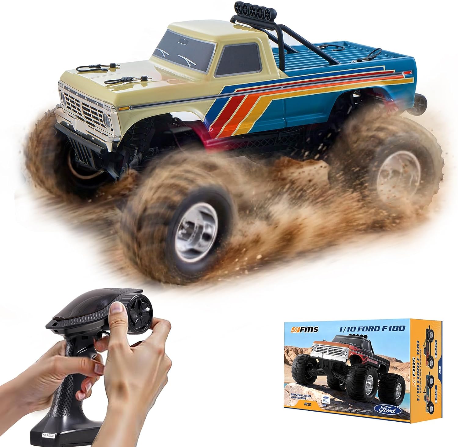 BEEZRC FMS RC Rruck 1/10 Ford F-100 Brushless Officially Licensed, Monster Truck, 2WD High Speed Off-Road,RC Rock Crawler,Hobby Grade Remote Control Car for Adults RS no Battery (Blue)