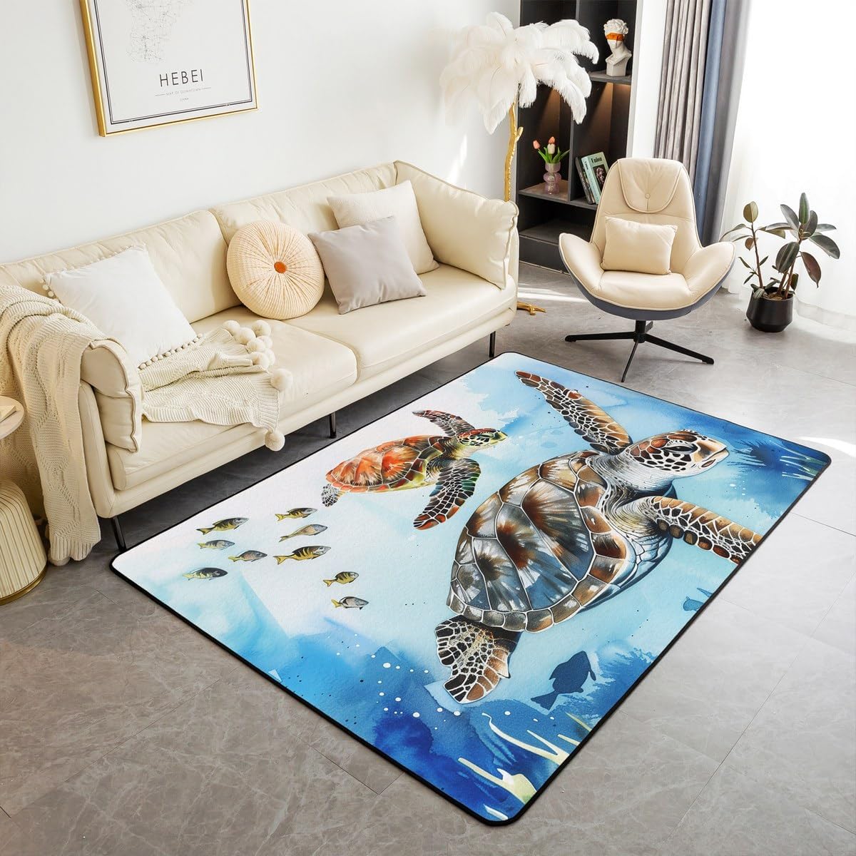 Erosebridal Sea Turtle Area Rug 5x7,Cartoon Tortoise Carpet for Kids,Coastal Fish Indoor Floor Mat Machine Wash Dry,Hawaiian Ocean Decorative Rug for Home Decorative