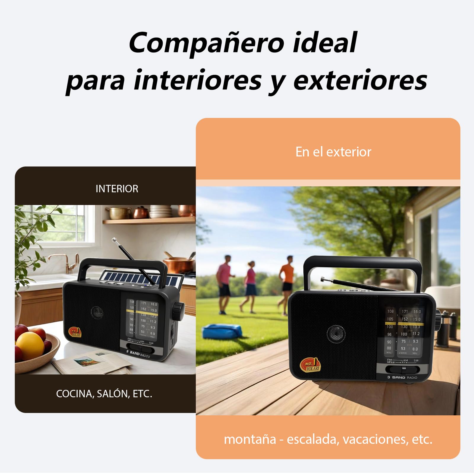 Transistor Radio Portatil con Panel Solar y Batería de 1200 mAh, Receptor Am/FM/SW con Altavoz de 8W/TWS/USB/Tarjeta TF, Radio Solar Pequeña Ideal para Camping, Emergencia y Exteriores (Gris)