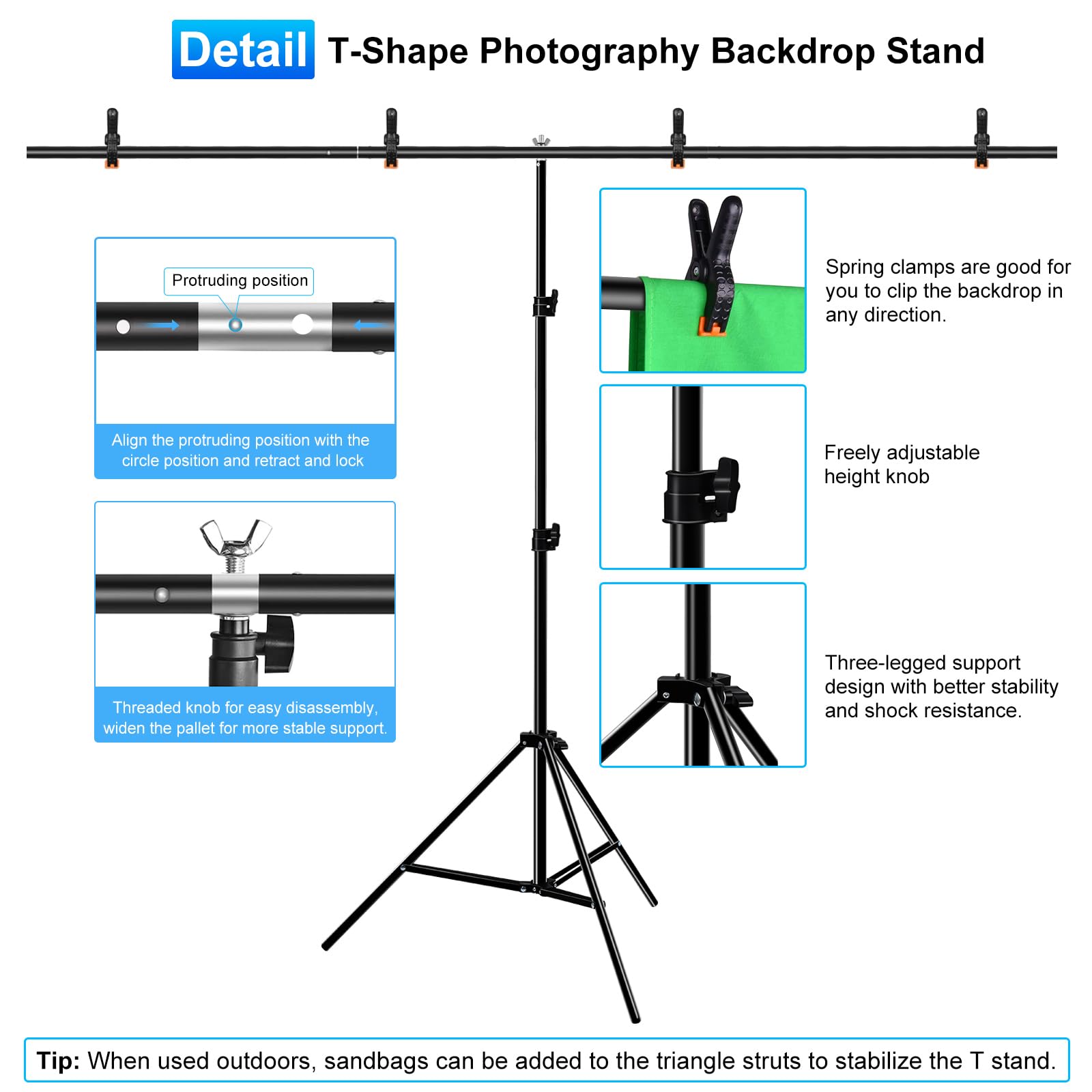 PULUZ Greenscreen - Sfondo fotografico con supporto, 2 x 2 m, 6,5 x 6,1,5 m, a forma di T, kit portatile per fotografia, con borsa da trasporto per giochi, studio fotografico, registrazione video