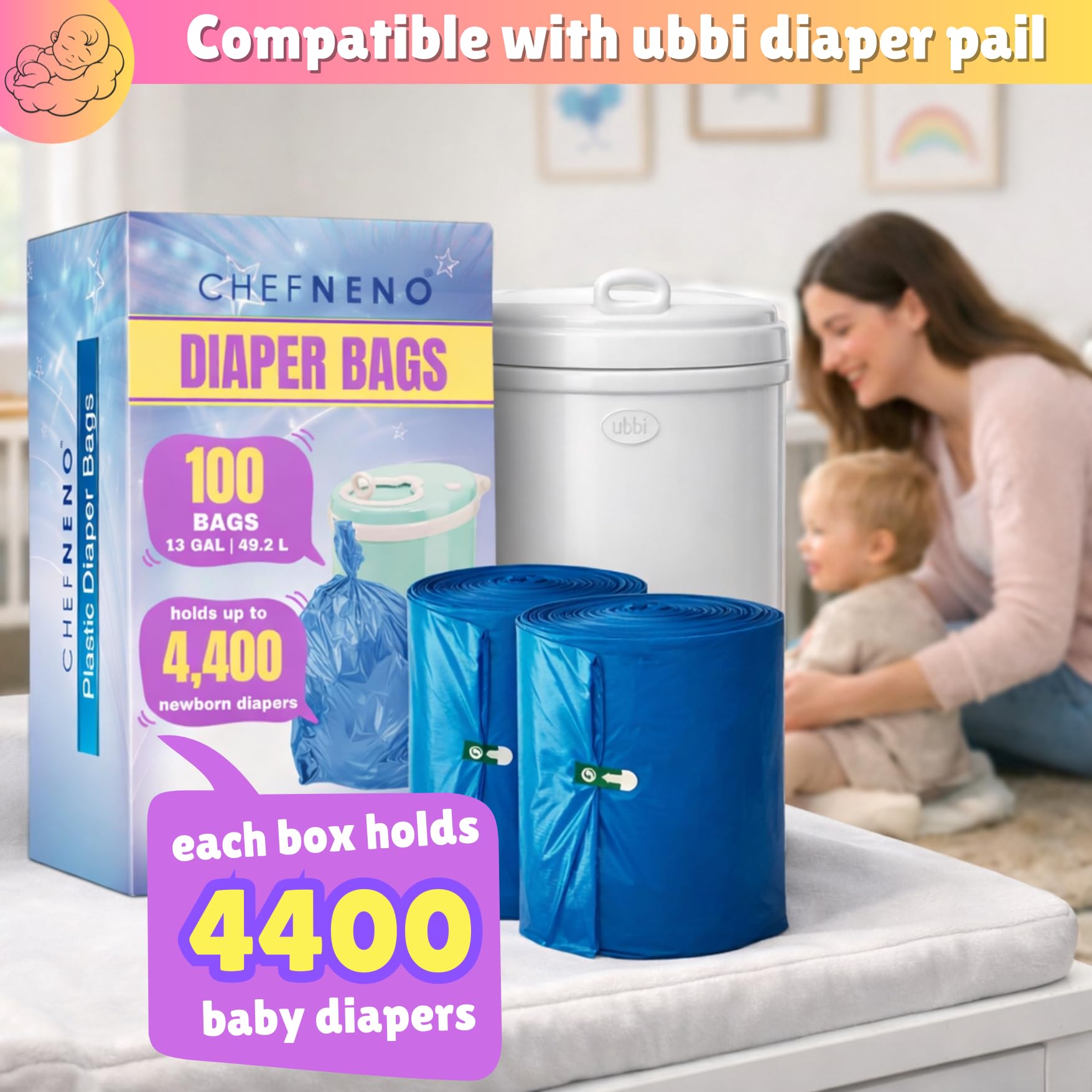 Bolsas de plástico desechables compatibles con cubos Ubbi de 13 galones de capacidad, bolsas de basura grandes y resistentes, 100 unidades (azul - grande)