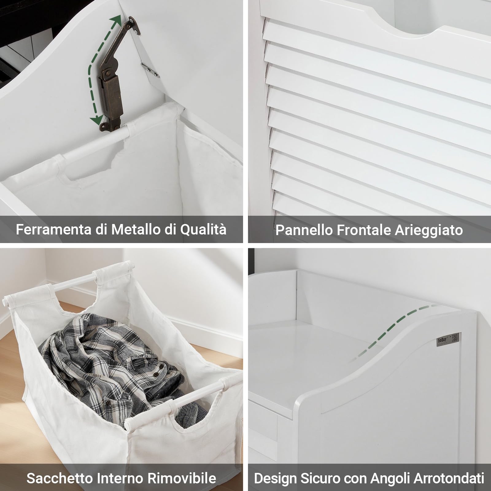 SoBuy® Cesto portabiancheria con Sacco per Biancheria, Panca Contenitore, bianco, FSR40-W,IT