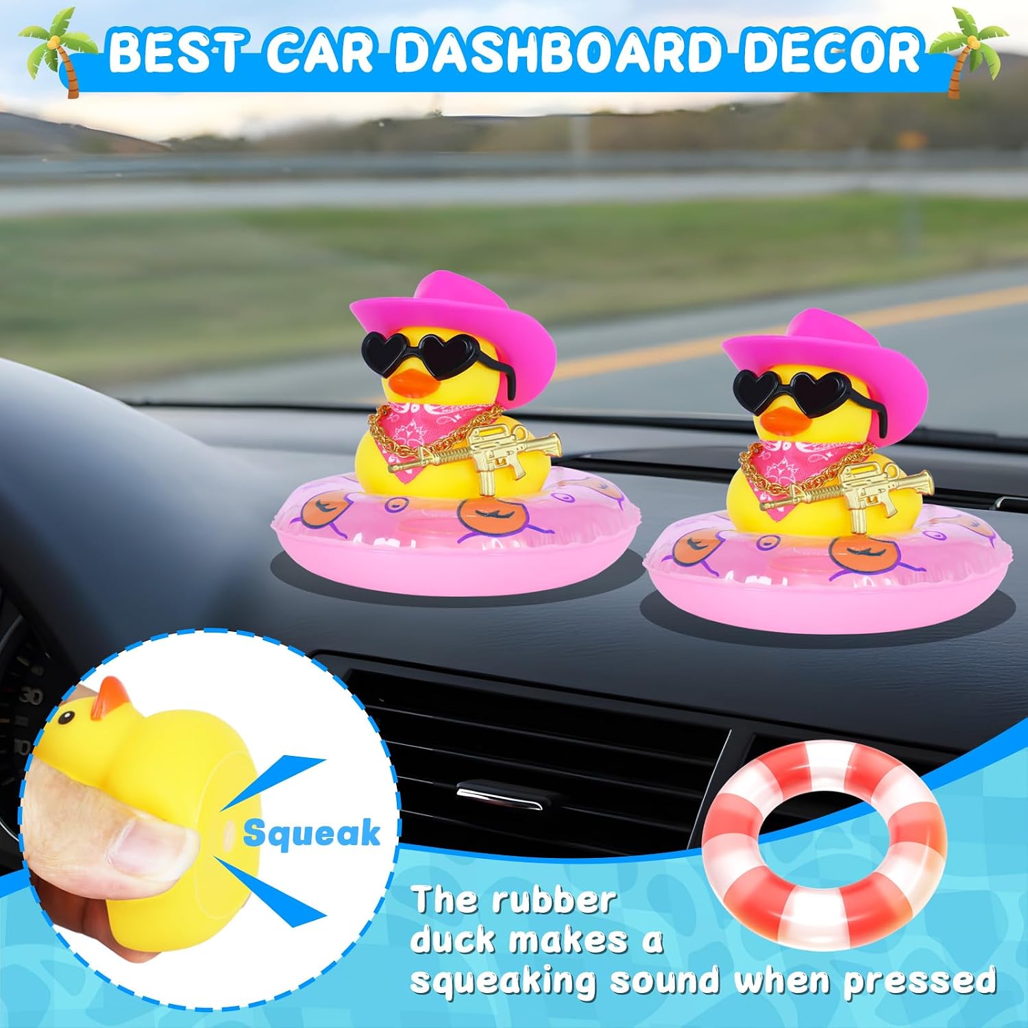 Funny Pink Cowboy Rubber Ducks with Hat, Sunglasses, Necklace, Scarf, Gun, and Swim Ring - Squeaky Car Dashboard Decor, DIY Fashion Accessory for Car, Home, Office, Gift