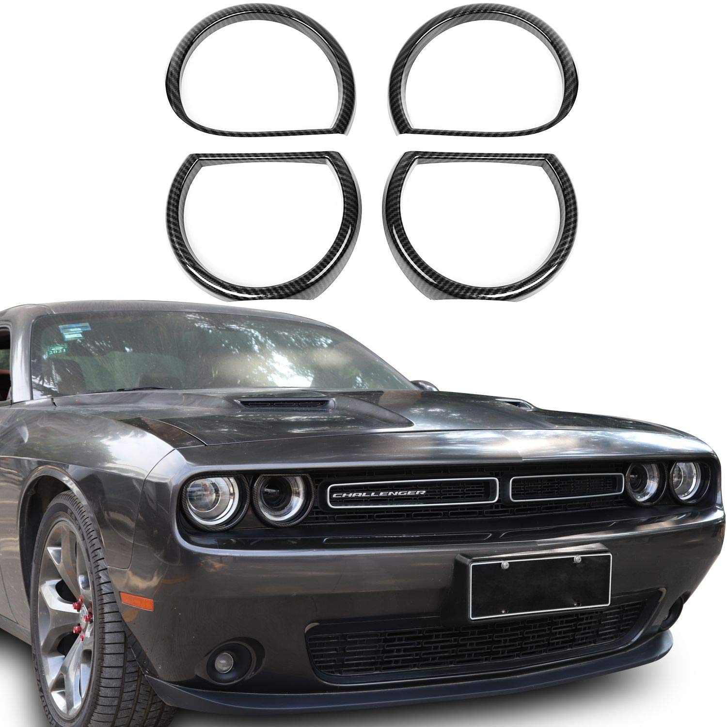 JeCar Headlight Bezel Cover Trim Carbon Fiber Pattern Front Light Decorative Accessories for 2015-2020 Dodge Challenger