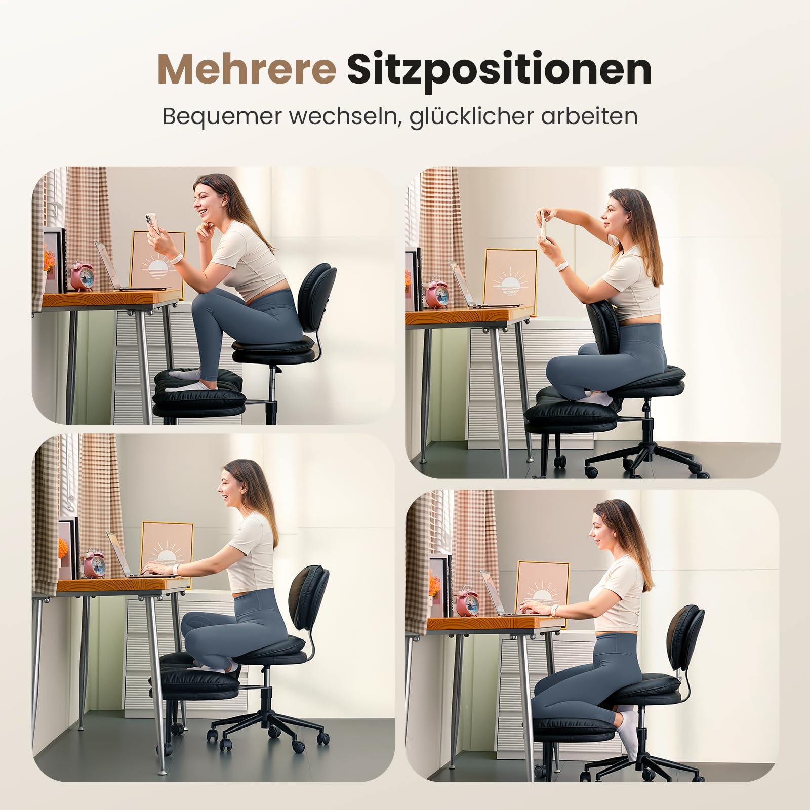 HOMRELEXA Bürostuhl mit Kreuzbeinen, 360° drehbar, Ergonomischer Kniestuhl, Criss Cross Schreibtischstuhl mit Verstellbarer Höhe, ADHS-Meditationsstuhl mit Rückenstütze, Cloud PU-Leder, Schwarz
