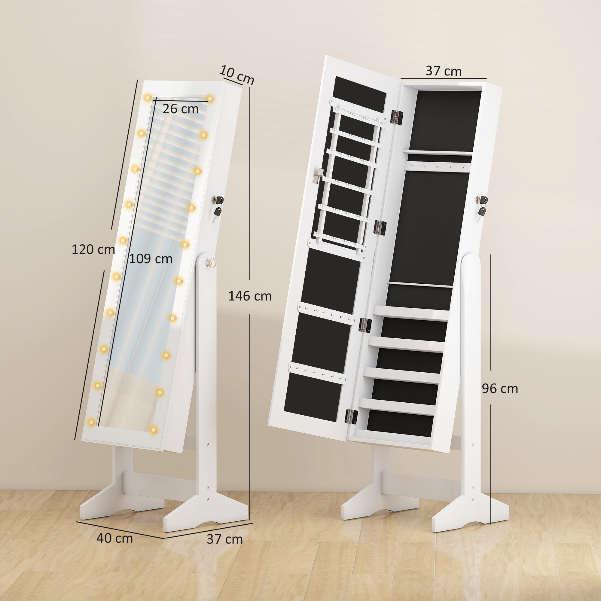 HOMCOM Espejo Joyero con 20 Luces LED Armario Joyero Reclinable con Guardajoyas Anillos Pendientes Collares Cerradura y Llaves 40x37x146 cm Blanco