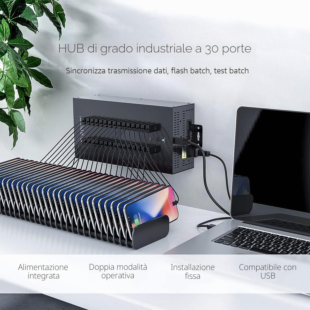 ORICO Industrial USB Hub 2.0, Hub USB a 30 Porte con Potenza di 300 W, Guscio in Metallo, Trasmissione Dati ad Alta Velocità