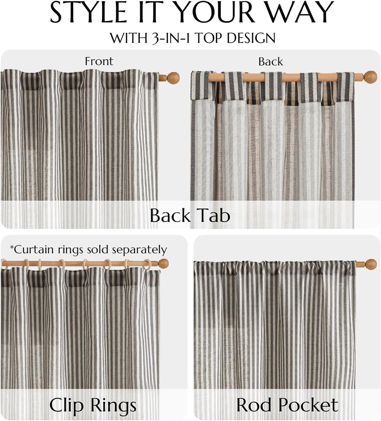 jinchan Linen Curtains Black on Beige Striped Curtains for Living Room Bedroom Ticking Stripe Light Filtering Farmhouse Cottage Core Rustic Back Tab Window Treatment 2 Panels 63 inches Long