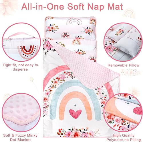 Miniatura 2 de Tapete para siesta para niños pequeños con almohada extraíble y manta suave de lunares Minky, tapete para siesta con estampado floral de arcoíris