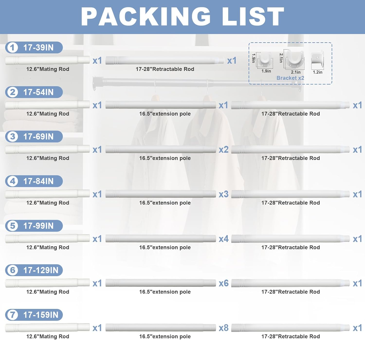 Closet Rods For Hanging Clothes,17-39 Inches Stepless Spring Adjustable Closet Rod With bracket U-shaped,1.3 Inches Heavy Duty White Closet Hanging Rod For Wardrobe,Laundry room,Bathroom And Windows