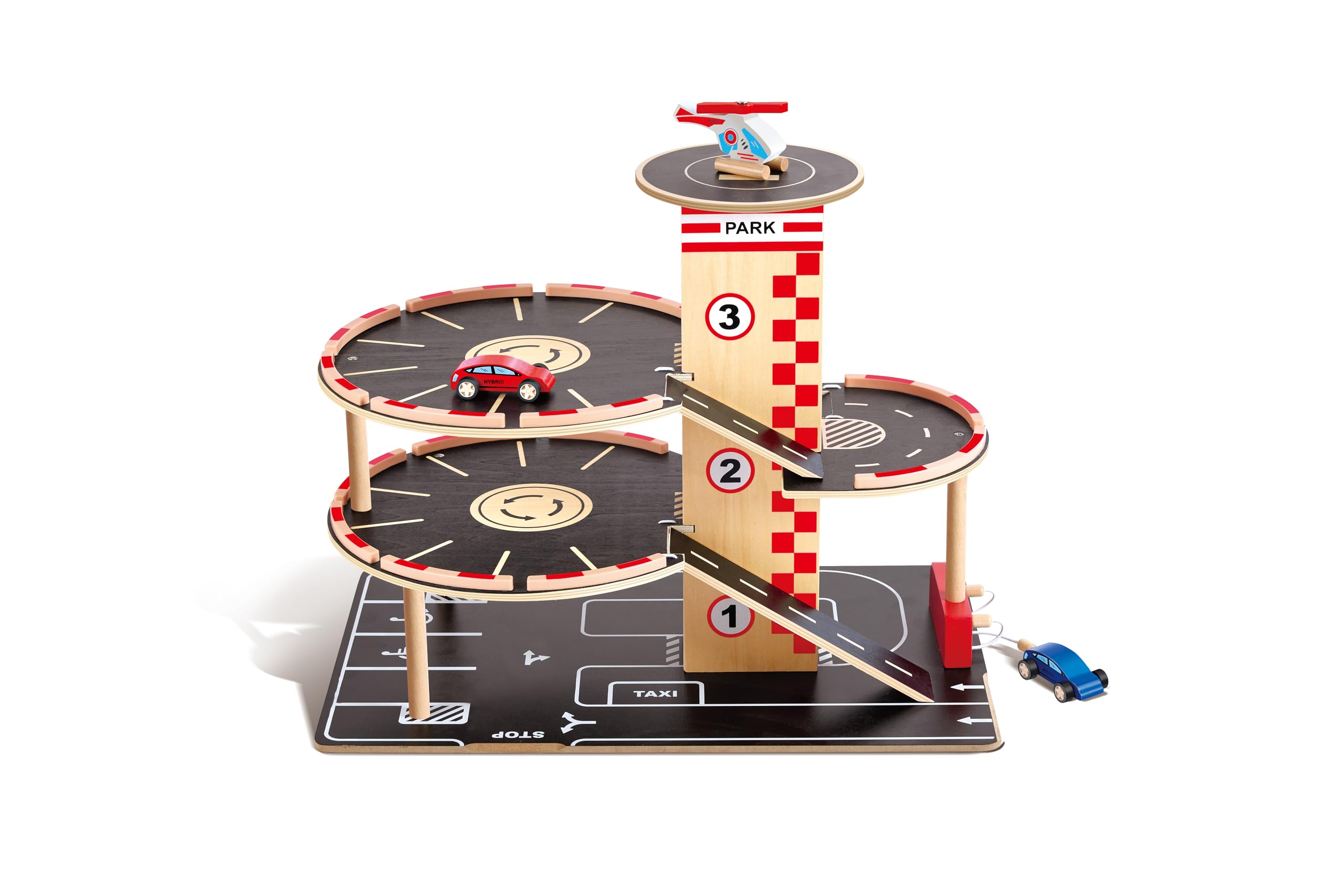 Hape Parkhaus Spielset - aus Holz, Autogarage auf DREI Ebenen mit Autos und Hubschrauber, fördert Motorik, Rollenspiel & Kreativität, Spielzeug für Kinder ab 3 Jahren