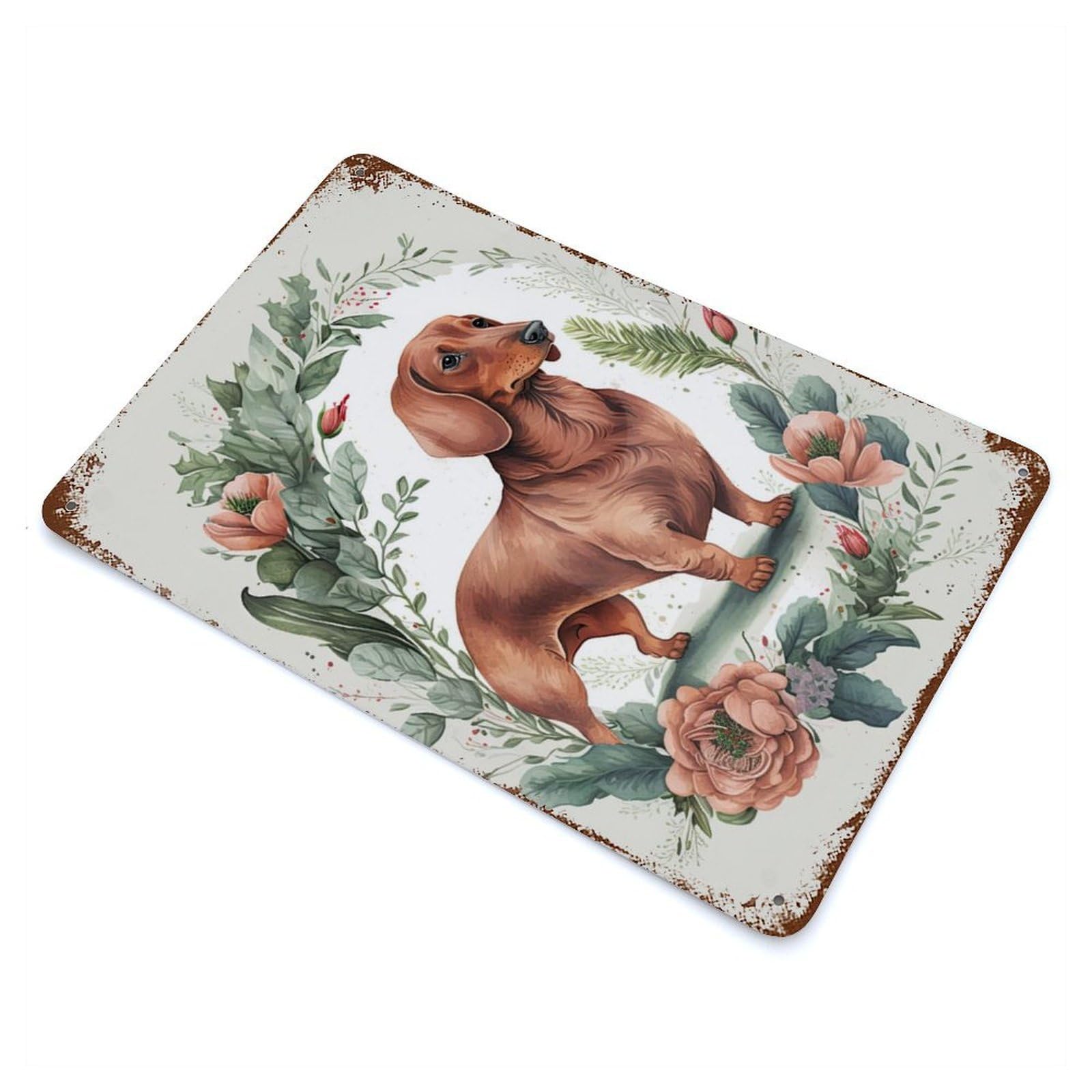 Rusty Metal Tin Sign with Dachshund Floral Portrait Design 11.8"x7.9", for Farmhouse, Kitchen And Entryway Decor, Rustic Home Decor