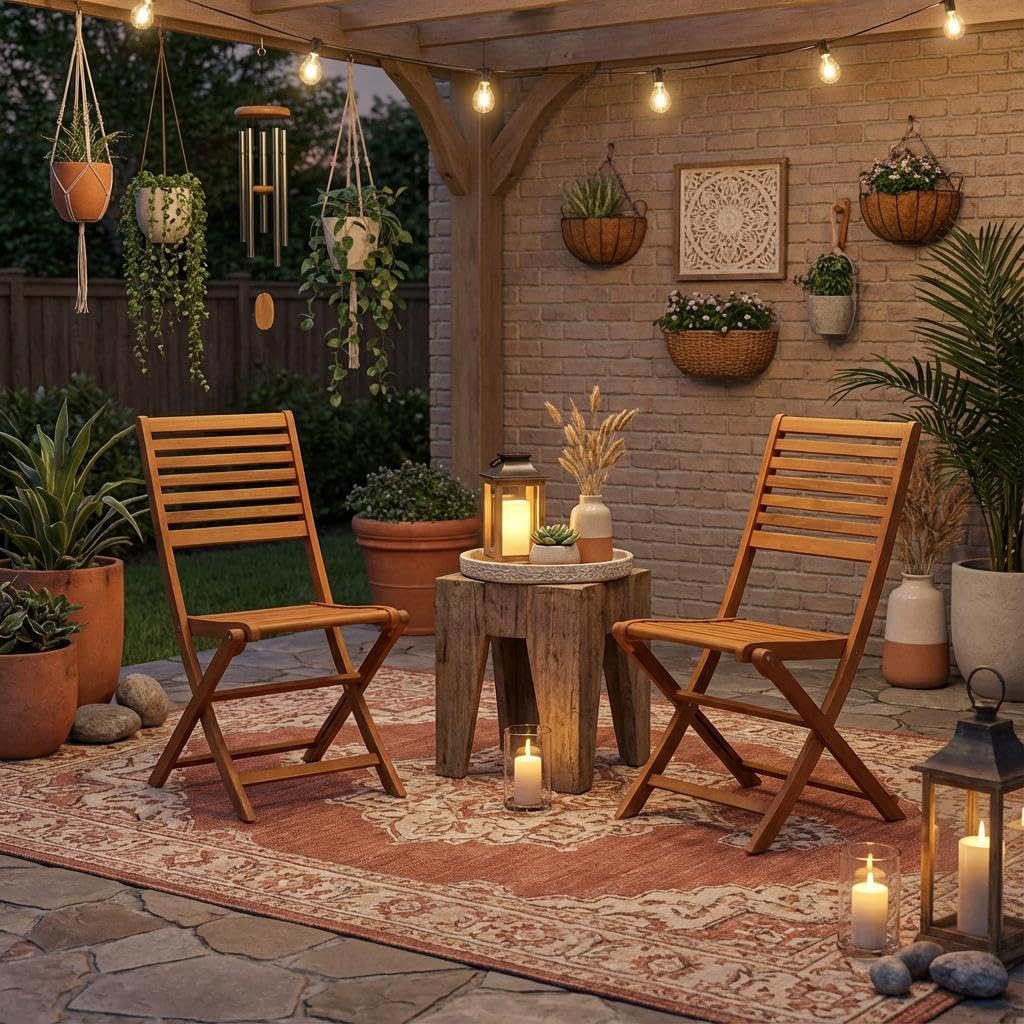 Neutral Oil Foldable Outdoor Dining Chairs Set of 2 Acacia Wood Durable Construction Comfortable Seating for Patio Garden Deck Relaxation
