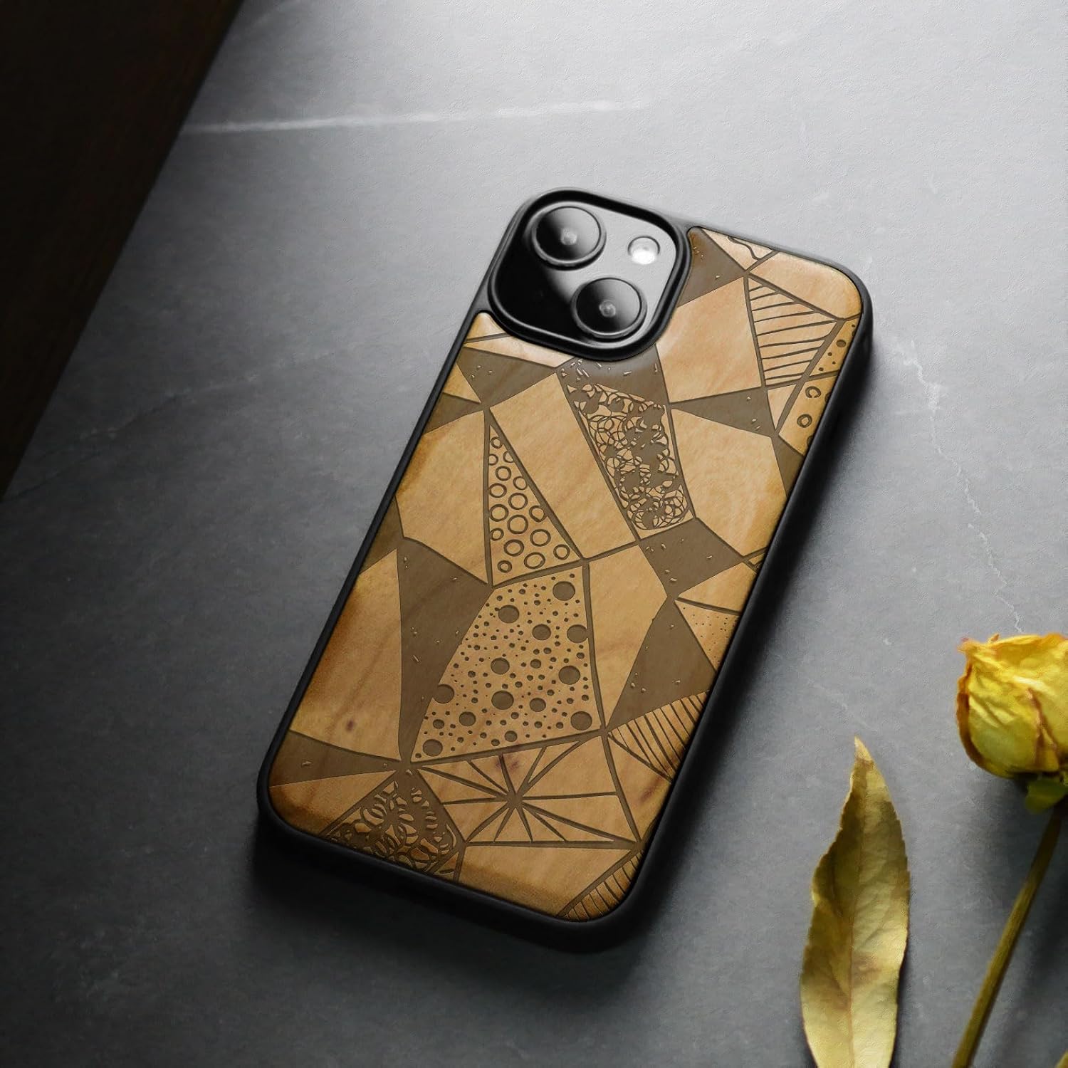 Carveit Magnetic Wood Case for iPhone 14 Plus - Natural Wood & Black Soft TPU - Shockproof Protective Cover - Unique & Classy Wooden Case - Compatible with MagSafe (Geometric Mosaic -Cherry)