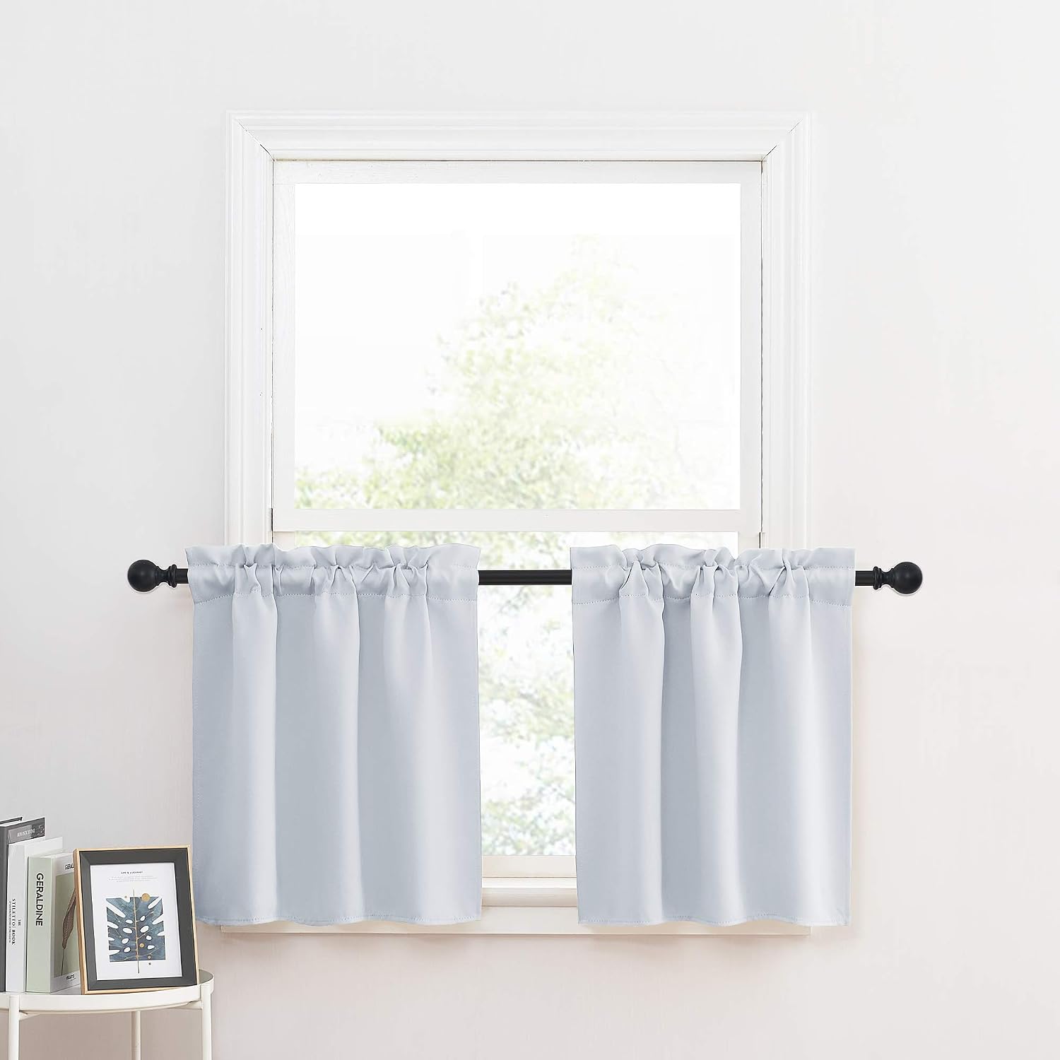 NICETOWN Small Window Blackout Curtains - Energy Efficient Kitchen Rod Pocket Tier Kichen Curtain Panels Half Curtains for Basement (2-Pack, W29 x L24-Inch, Greyish White)