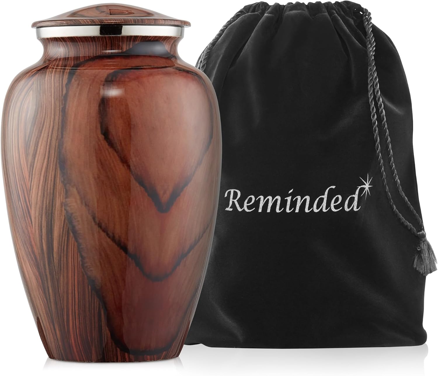 Reminded Adult Cremation Memorial Urn for Human Ashes, Cherry Wood Grain Brass Funeral Urn with Velvet Bag