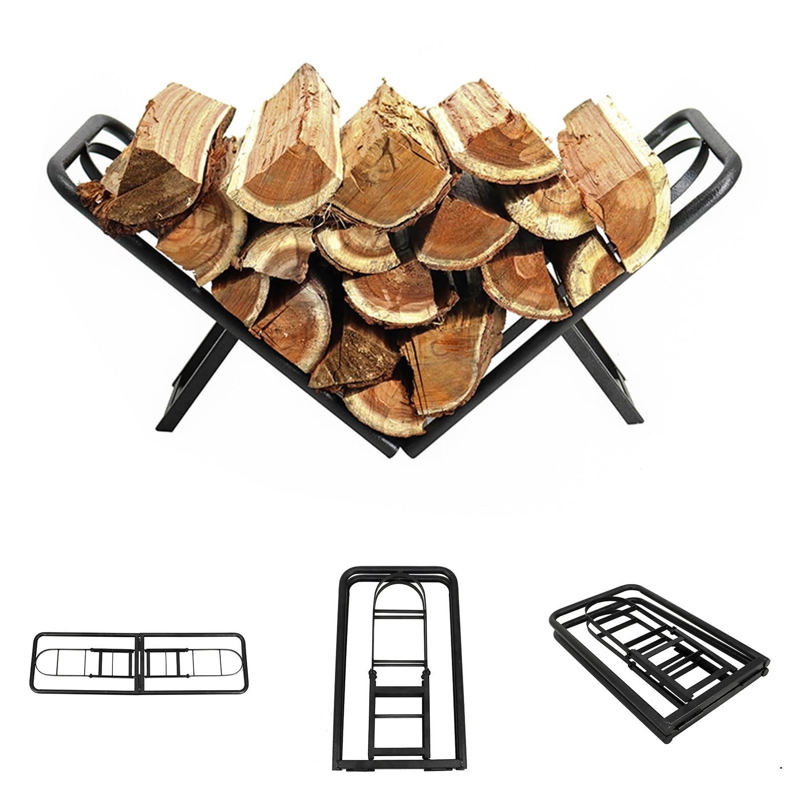 BiggerFire Steel Firewood Rack, Foldable 2FT Firewood Holder, Black, 24 x 9.44 x 11.08 inches, Indoor/Outdoor Fireplace Wood Storage