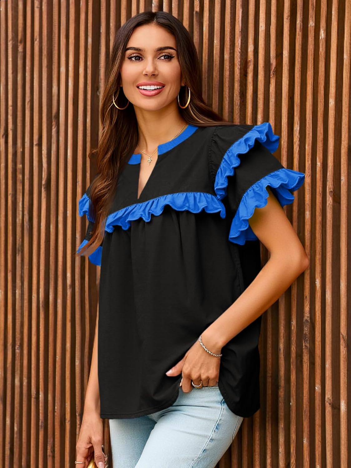 Tankaneo Womens Ruffle Sleeve Babydoll Tops Color Block Summer V Neck Pleated Blouse Dressy Casual Loose Fit Shirts - Image 4