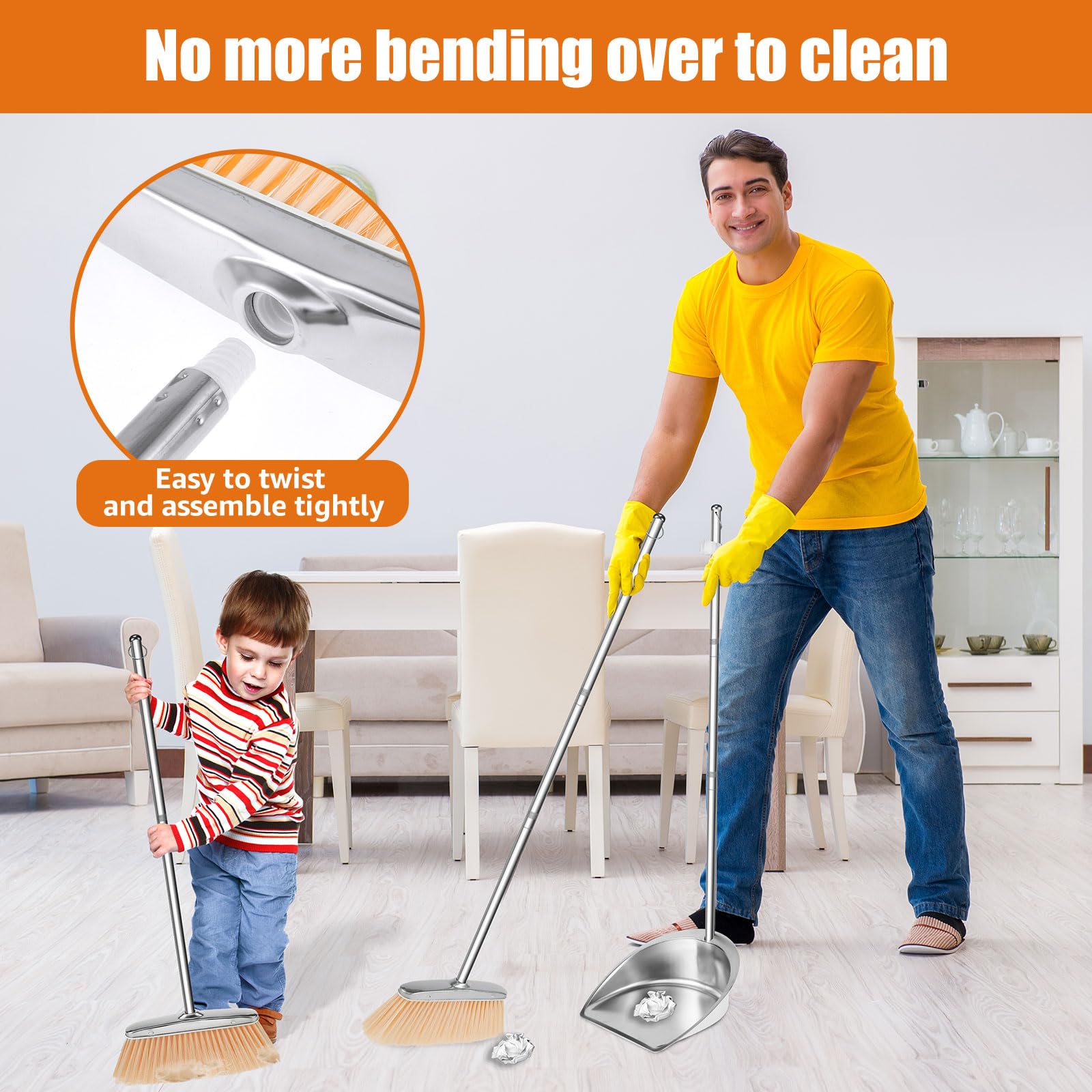 Long Handled Dustpan 46.5 Inch Vertical Stainless Steel Dustpan Heavy Duty Durable Broom Dustpan Set For Home Outdoor Dormitory (Round