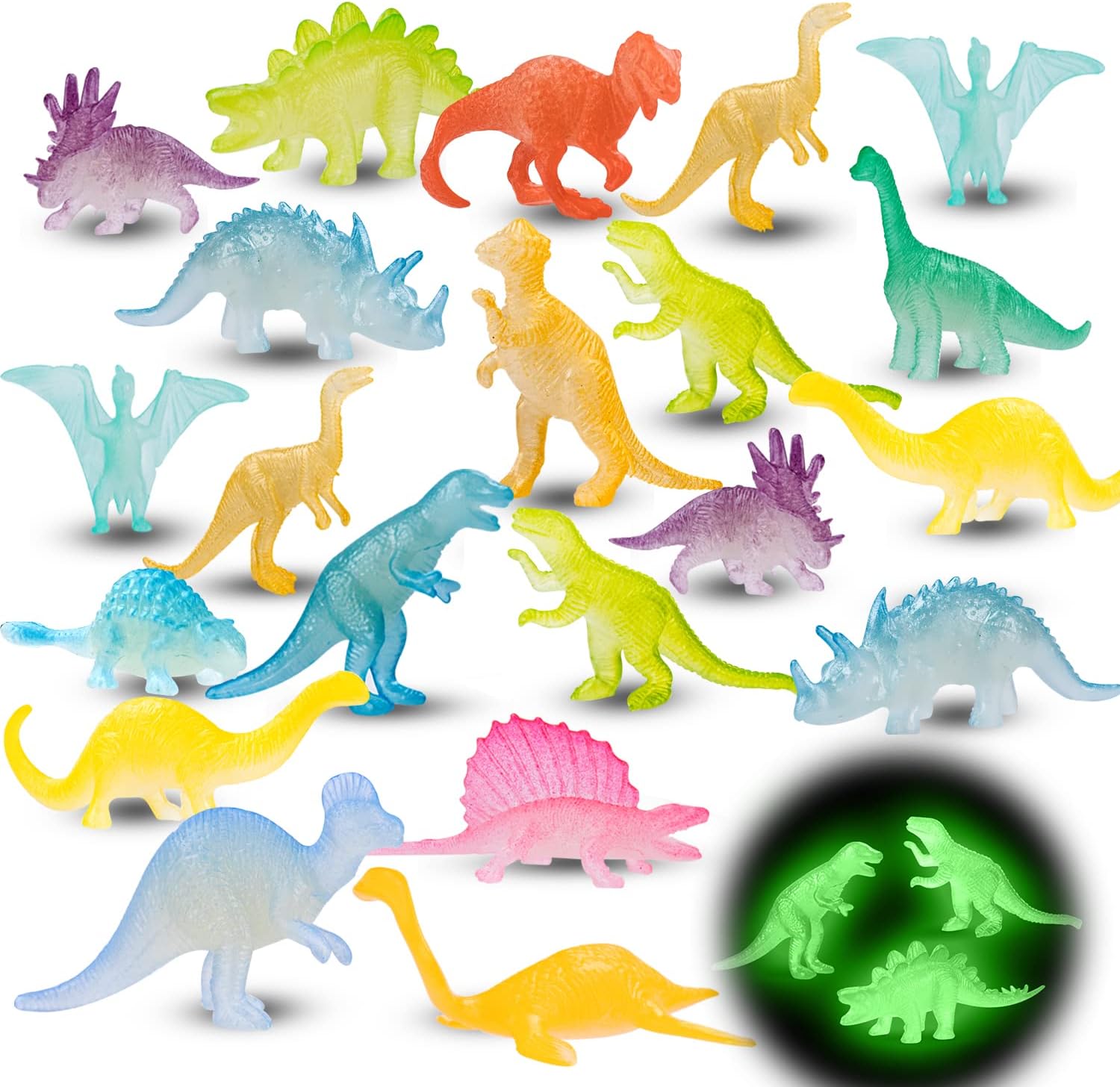 48Pcs Glow in Dark Mini Dinosaur Figures Kids Easter Egg Fillers Basket School Birthday Party Favors Supplies Dino Cupcake Toppers Pinata Goodie Bags Stuffers Classroom Prizes Carnival Bulk Toy Gift