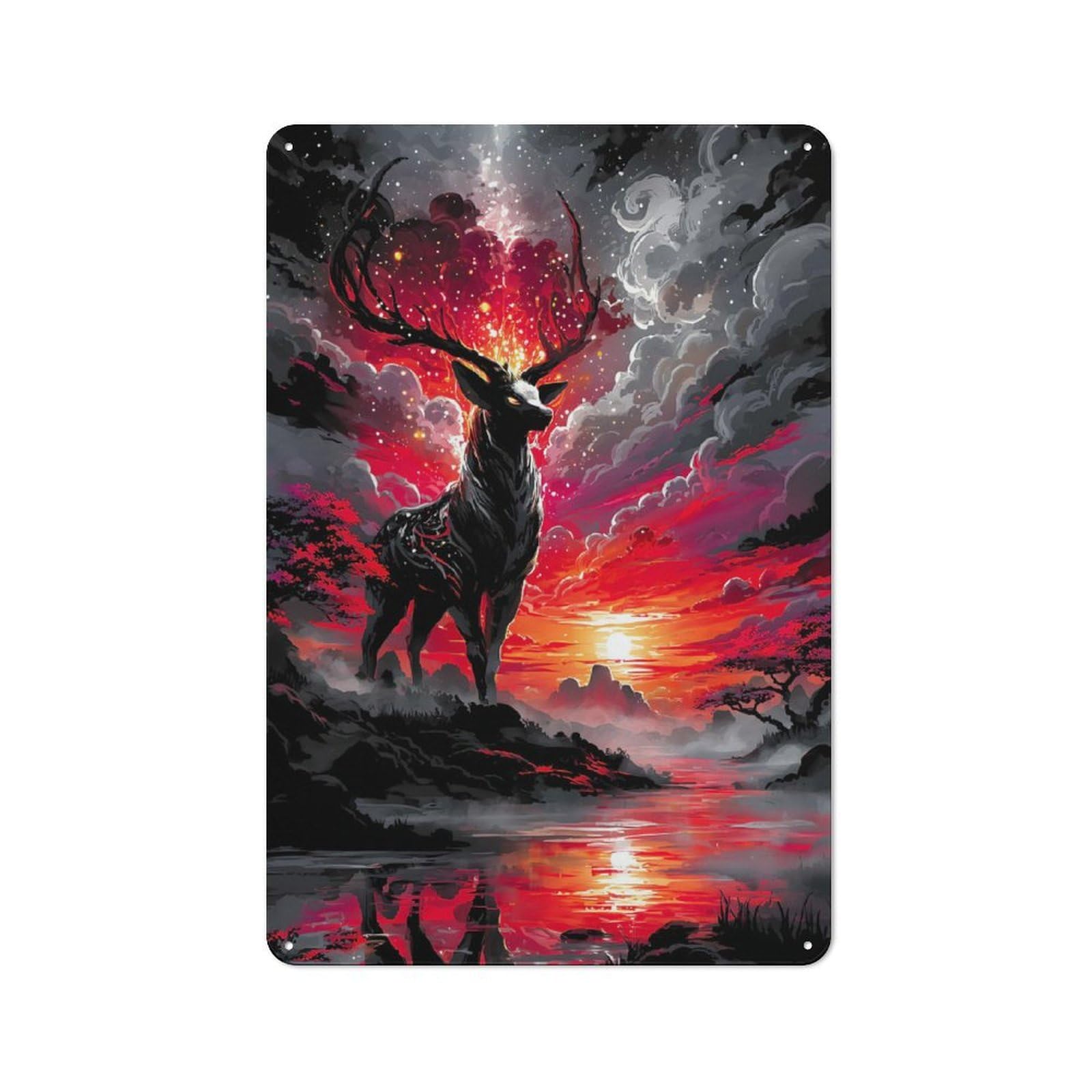 Junmoney Mystical Deer In Red Landscape Cafe Style Vintage Metal Sign 30X20cm, Restaurant Wall Art For Tea Room, Shop Wall Or Breakfast Area