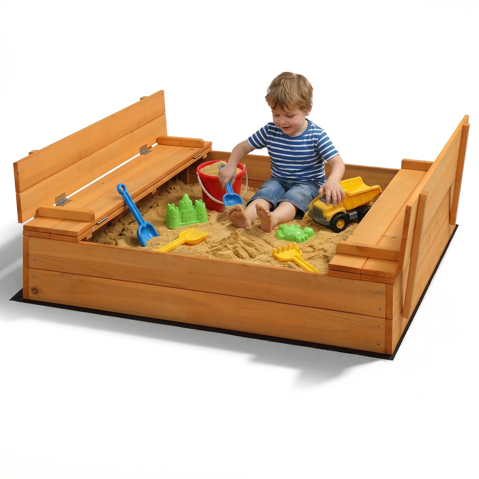 LALAHO Wooden Sand Pit with Lid, Outdoor Playhouse Foldable Sandbox Cover for Kids with 2 Benches Includes Ground Mat & Corner Protectors, 120×120 cm Fun Sandpits Outdoor Toy for Children