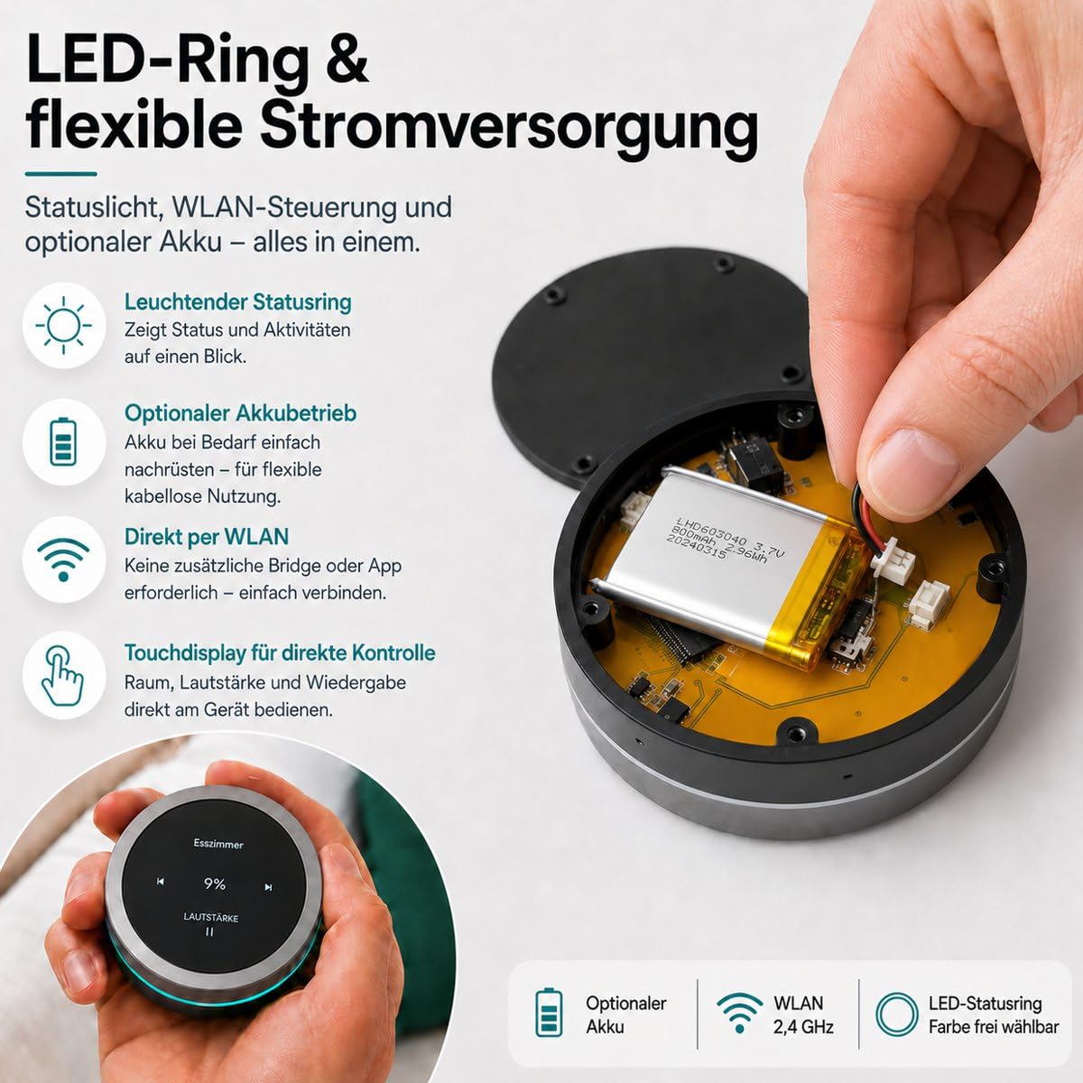TurnPilot WLAN-Lautstärkeregler kompatibel mit Sonos & IKEA SYMFONISK, smarte Fernbedienung mit CNC gefräßtem Drehring und Touchdisplay, USB-C und RGB-Beleuchtung