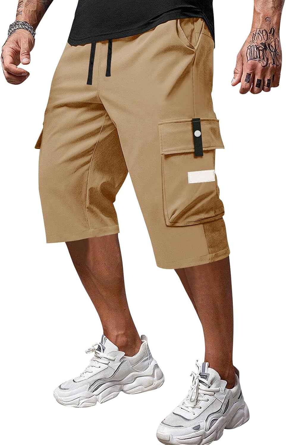 Men's Knee Length Cargo Shorts Elastic Waist Streetwear Shorts with Large Cargo Pockets & Drawstring