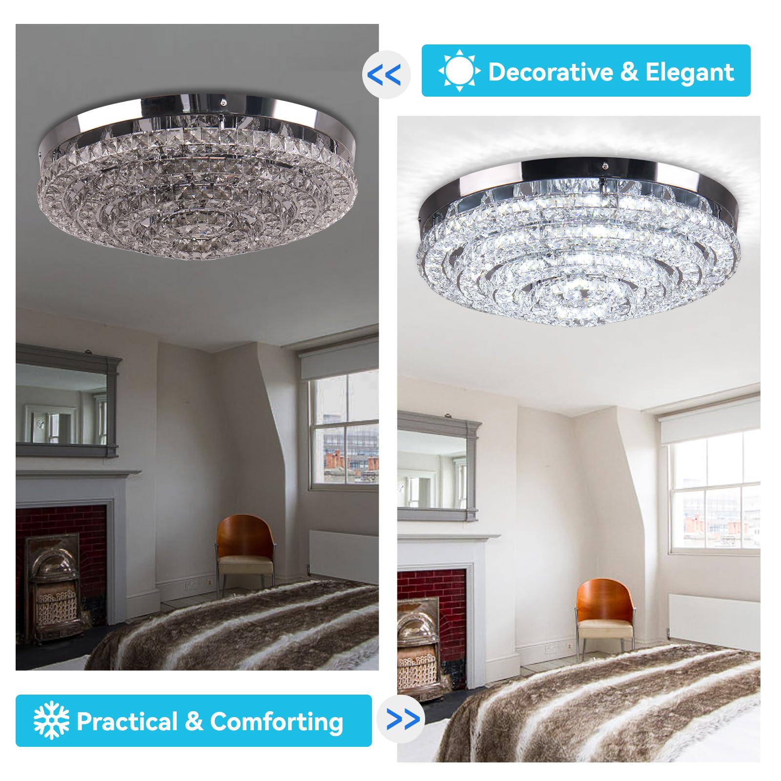 FRIXCHUR 45 cm Runde Kristall LED Deckenleuchte, 6000K Tageslichtweiß | Moderne Edelstahl-Deckenlampe mit Kristalloptik für Wohnzimmer, Schlafzimmer, Küche und Flur; klares kaltweißes LED-Licht