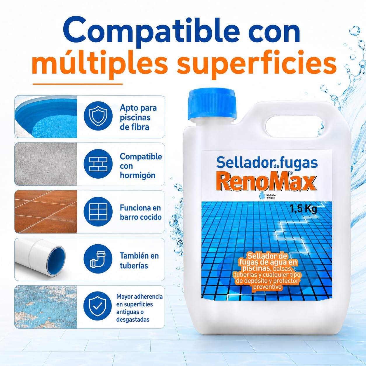 Renomax - Sellador Fugas Piscina, Balsas y Tuberías | Sellador Fugas Agua | Impermeabilizante Transparente, Reparación Rápida y Duradera | Fácil de Aplicar, Seguro y Eficaz | 1,5kg