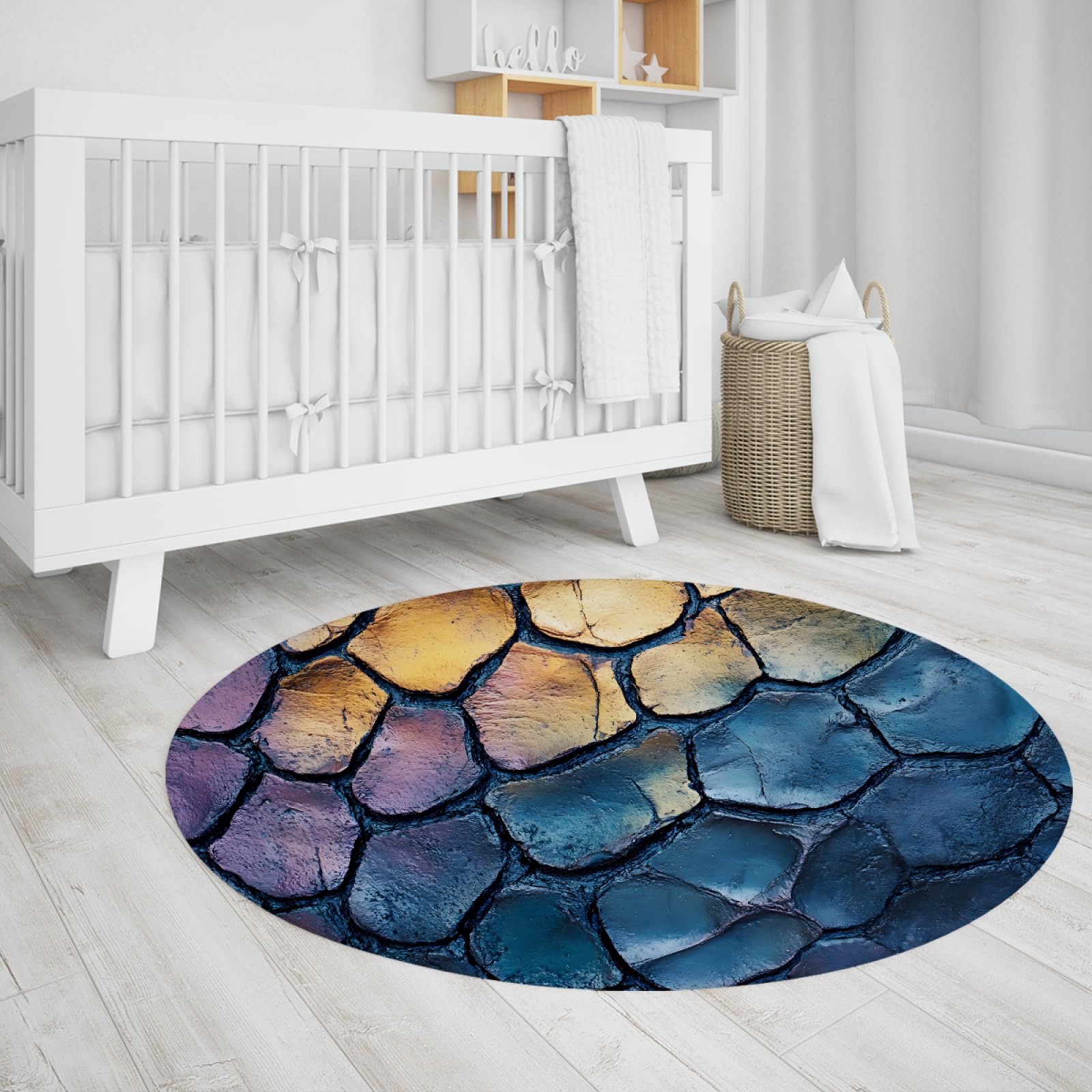 Tapis rond multicolore 150cm à motif pavés lavable pour salon