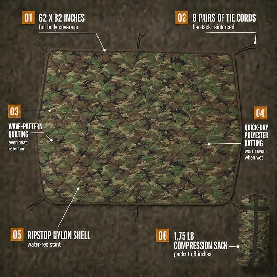USGI Industries Military Woobie Blanket | بطانية التخييم المعزولة الحرارية ، بطانة المعطف | كبيرة ، محمولة ، عازلة ، مقاومة للماء ، للمشي ، البقاء على قيد الحياة | حقيبة حمل الضغط