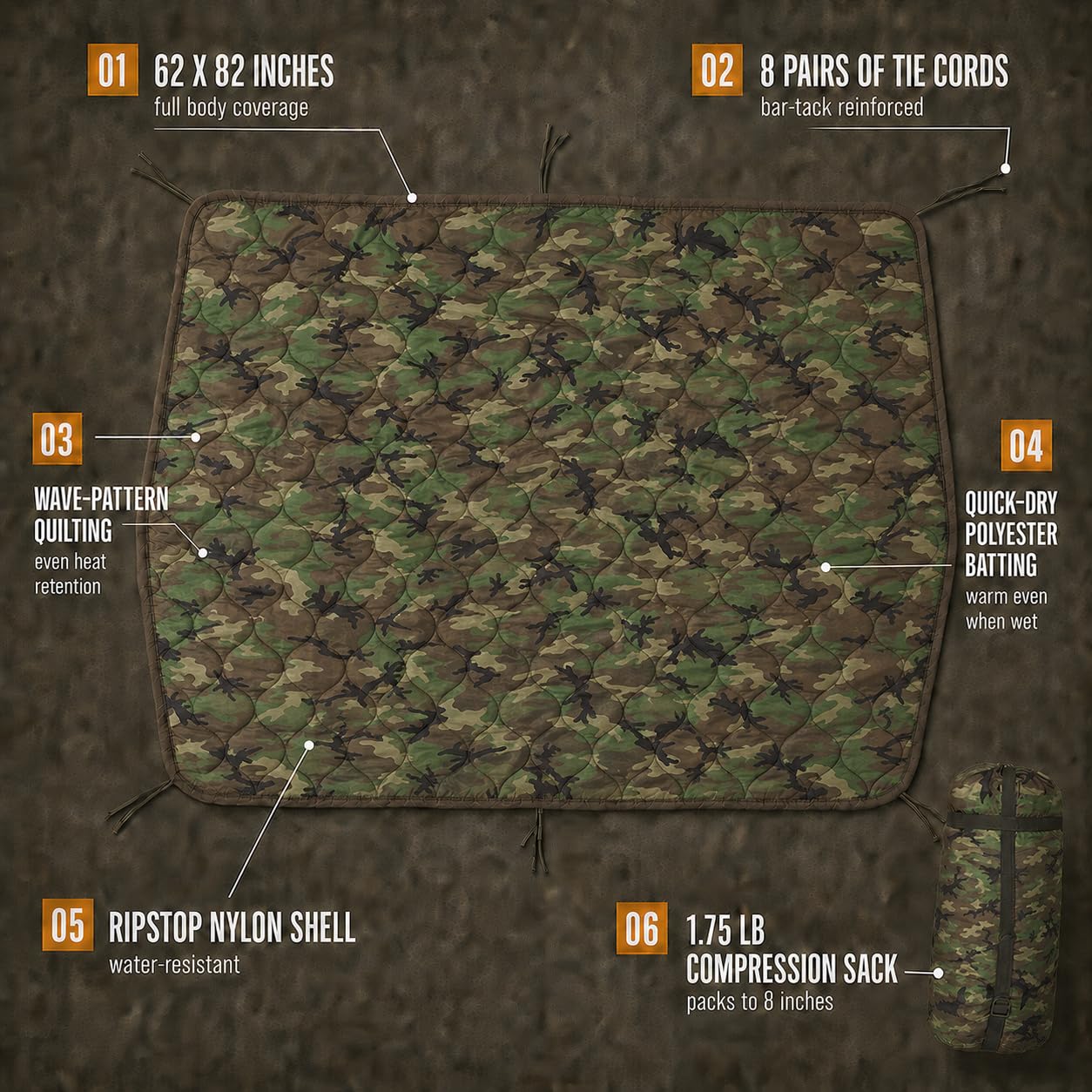 USGI Industries Coperta militare Woobie | Coperta termica isolata da campeggio, fodera poncho, grande, portatile, isolante, impermeabile, per escursionismo, sopravvivenza | borsa per il trasporto a