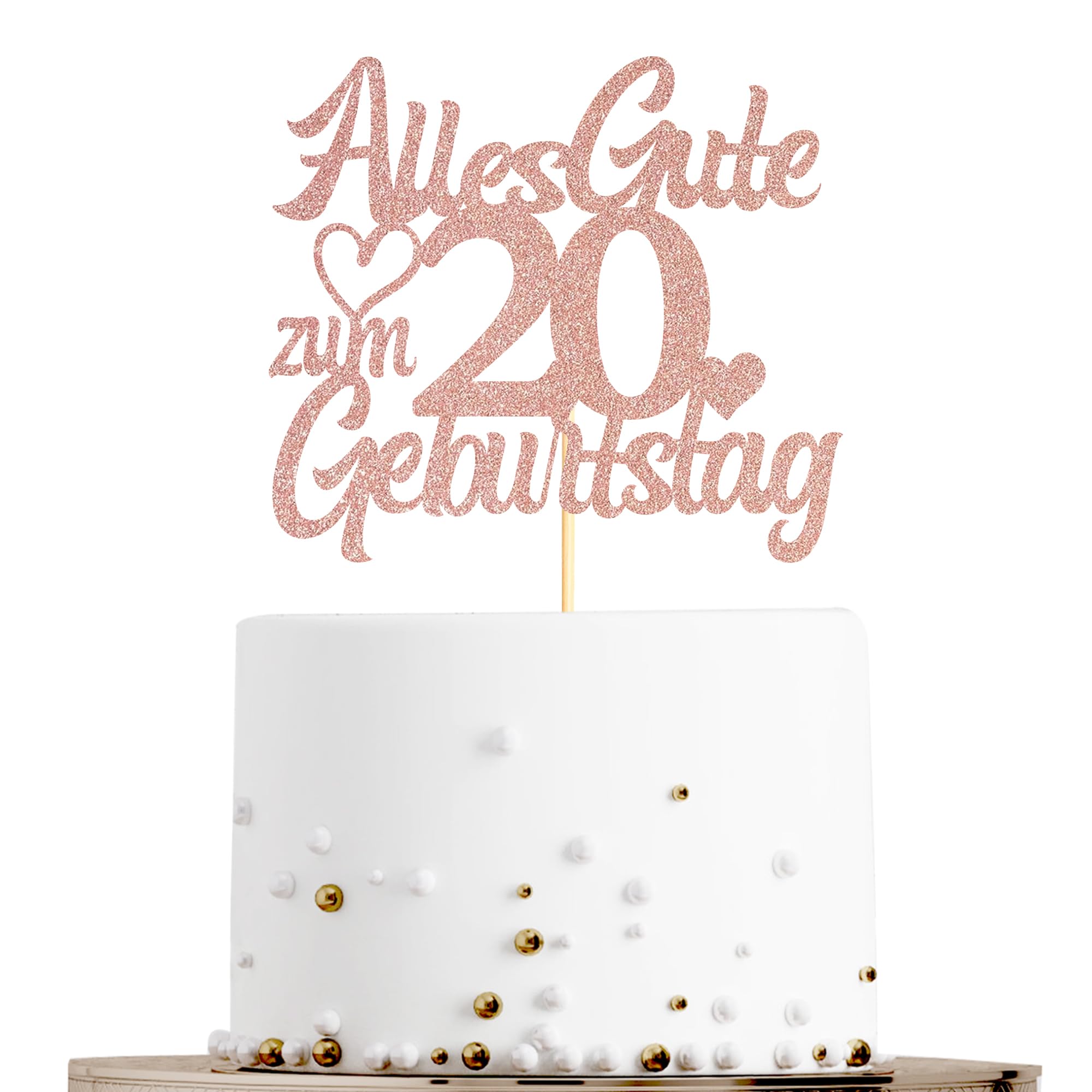 Sumerk Tortenaufsatz zum 20. Geburtstag in Roségold mit Glitzer, Doppelseitige Glitzer Tortendekoration zum 20. Geburtstag – 1 Stück
