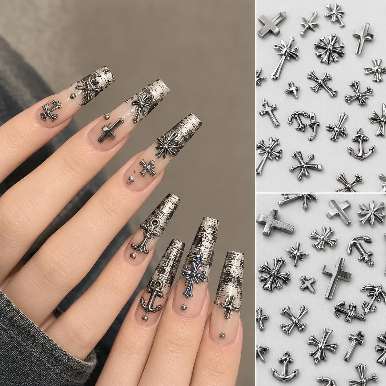 Cross Alloy Metal Rivet Thin Plate Nail Charms, 3D Gothic Nail Art Decorations, DIY Nail Accessories, Silver & Gunmetal Black, 2 Boxes Per Set