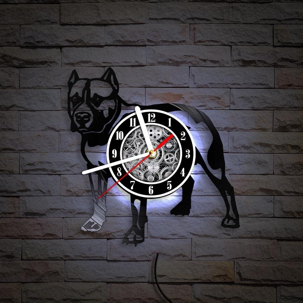 The Geeky Days LED Silent Quartz Clock, American Bully Pitbull Vinyl Record Non Ticking Wall Clock 7 Color Light, Pet Puppy Animal Dog Modern Hanging Watch Home Store Decor