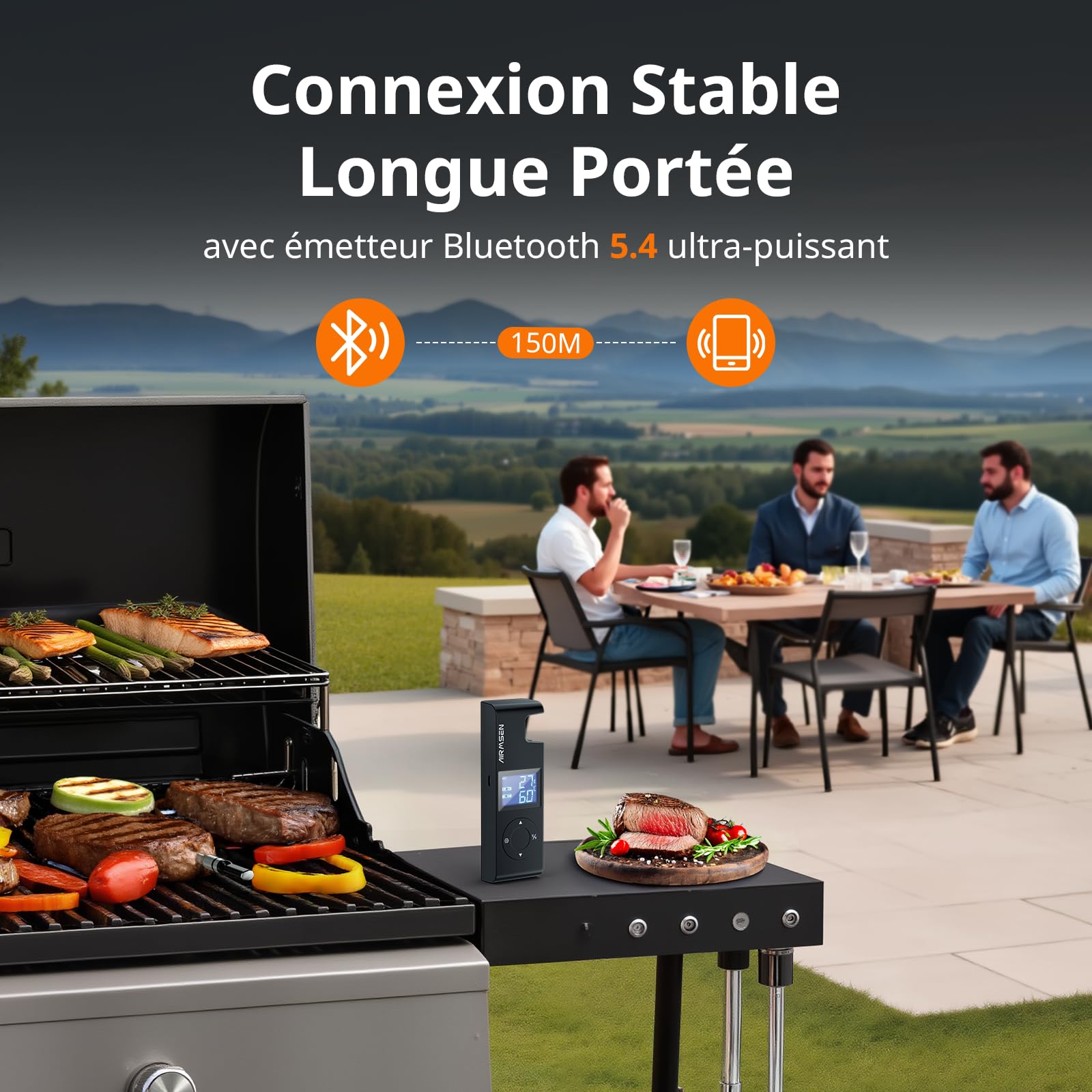 AIRMSEN Thermomètre à Viande Sans Fil avec Poignée en Céramique Résistante à la Chaleur & Écran LCD - Surveillance à 150M Contrôle par Appli Bluetooth 5.4 pour Grillade Fumage BBQ Batterie 1000mAh