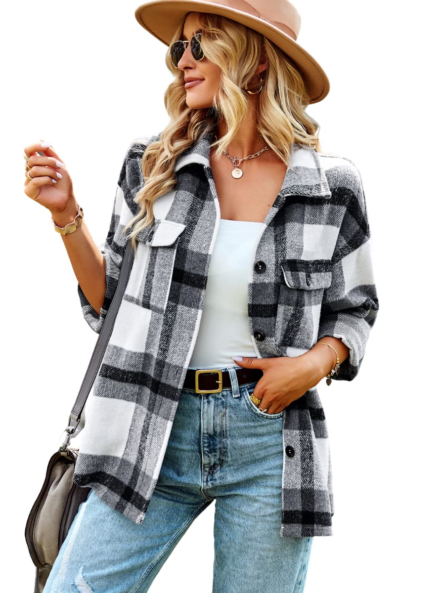 MOPOOGOSS Women's Flannel Plaid Lapel Jacket Long Sleeve Button Down Shacket Casual Coat Shirts