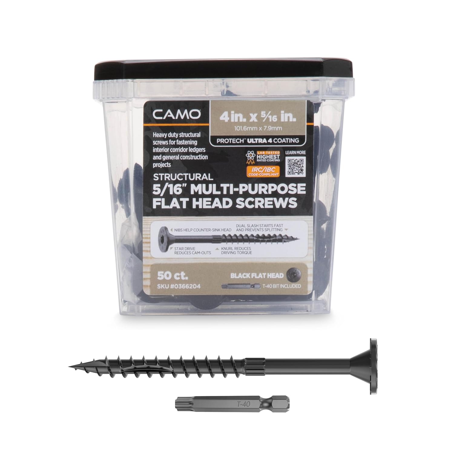 5/16" Ledger + Multi-Ply Flat Head Structural Screw - 4" x 5/16" - 50 ct (CAMO 366204)