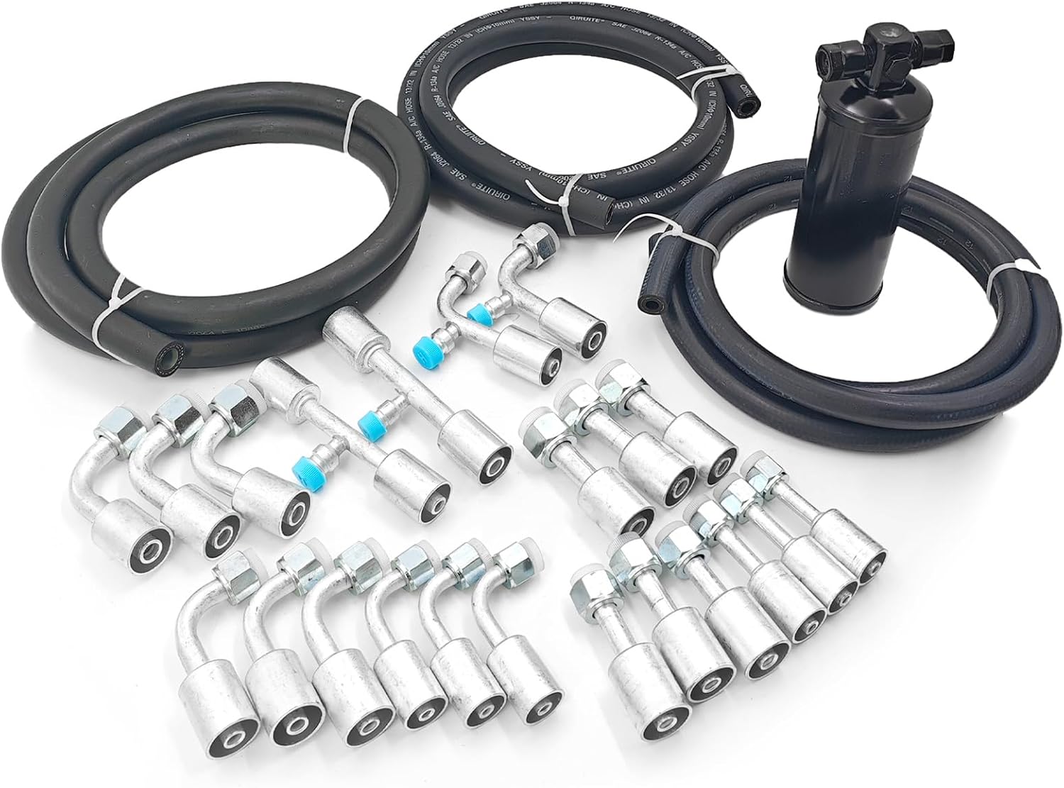 26PCS Air Conditioning Hose Fitting Drier Kit Includes 6.5ft #6#8#10 AC Hoses and #6#8#10 AC Fittings with R134a Pressure Valve Female Oring Beadlock Straight & 90 Degree and AC Drier