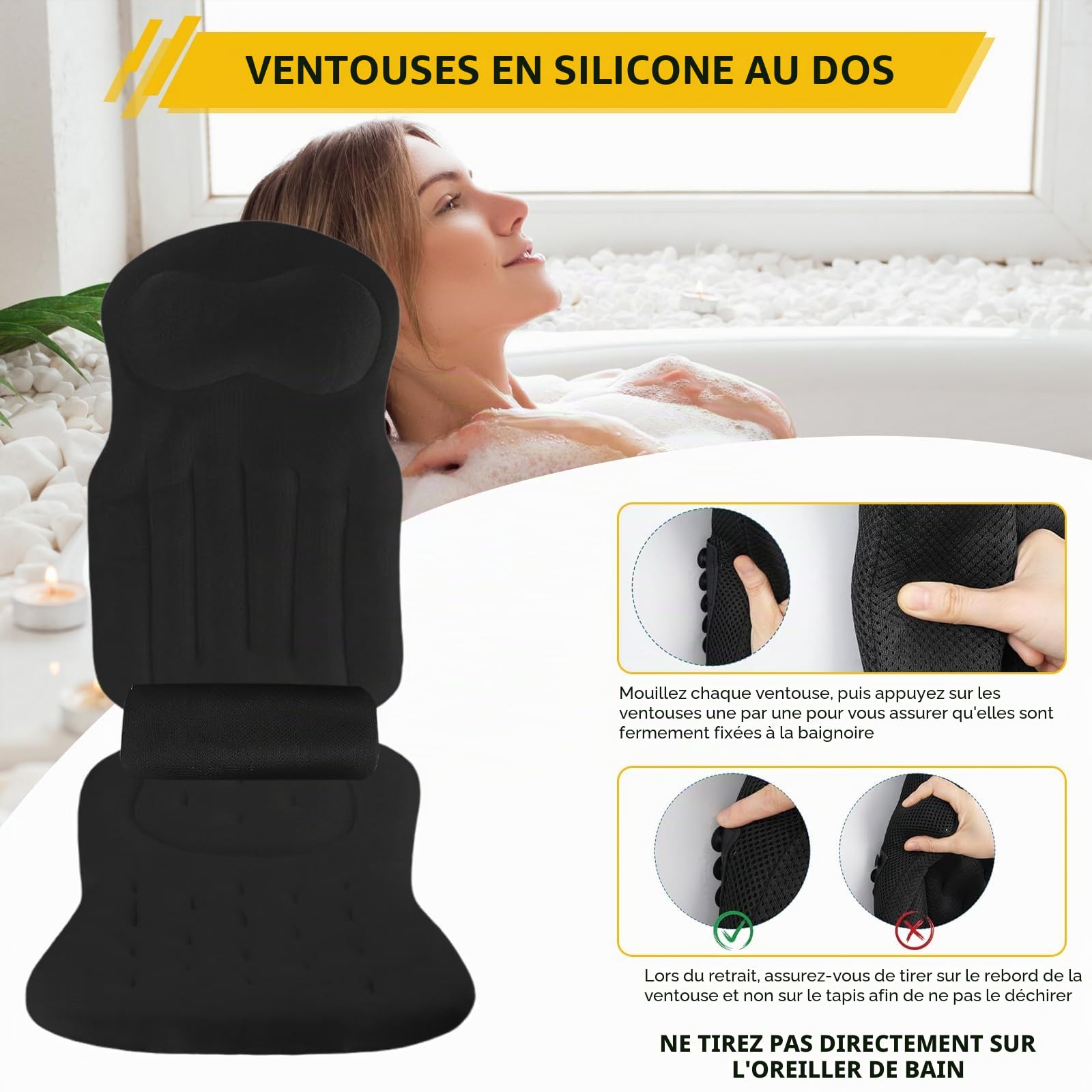 Coussin de Bain Complet pour la Baignoire - avec Appui-tête et Soutien Lombaire - avec ventouses et Crochet de Suspension (Noir)
