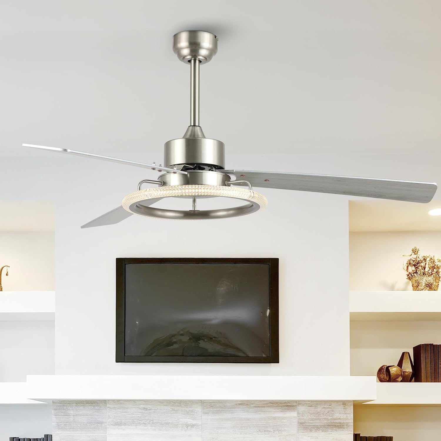 Eyely EYL9723B Hattie 52" 1-Light Modern Industrial Iron/Acrylic/Wood Remote-Controlled 6-Speed Integrated LED Ceiling Fan, Silver/Ashwood