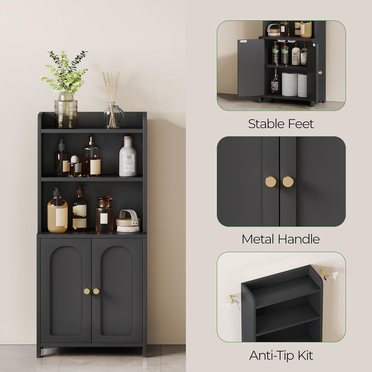 Bathroom Cabinet with 2 Doors, Small Freestanding Storage Cabinet with Adjustable Shelf, Slim Bathroom Organizers, Floor Cabinet for Small Spaces, Bathroom, 7.9" D x 14.7" W x 32" H, Black