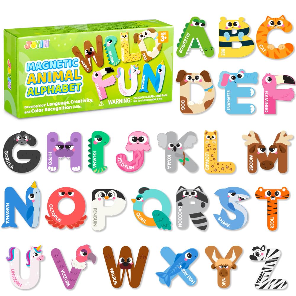 JOYIN Magnetic Letters, Animal Alphabet Fridge Magnets for Toddlers 3 4 5 Years Old, 26 Uppercase Refrigerator Magnets, Large Size ABC Educational Spelling Learning Toys for Kids