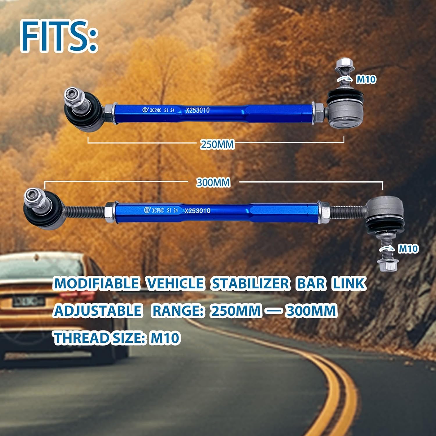 9.84-11.81' m10 Modified Front Sway Stabilizer Bar End Drop Link 2 Pcs Left & Right Aluminium Self Adjustable 360 Degree Swivel With Length And Angle Maintenance Vehicle X253010 250-300 Blue