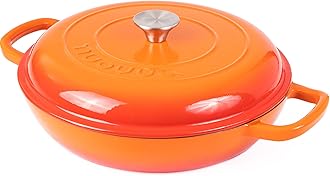 nuovva Shallow Cast Iron Casserole with Lid – Non Stick Dutch Oven Pot – Sturdy Ovenproof Stockpot Cookware – Enamelled Cooking Pot – Orange, 3L, 30cm –