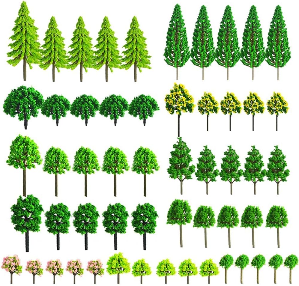 55pcs Mini Model Trees for Train Scenery - Mixed Miniature Artificial Wargame Trees for Railroad Diorama Supplies and Landscape, Black