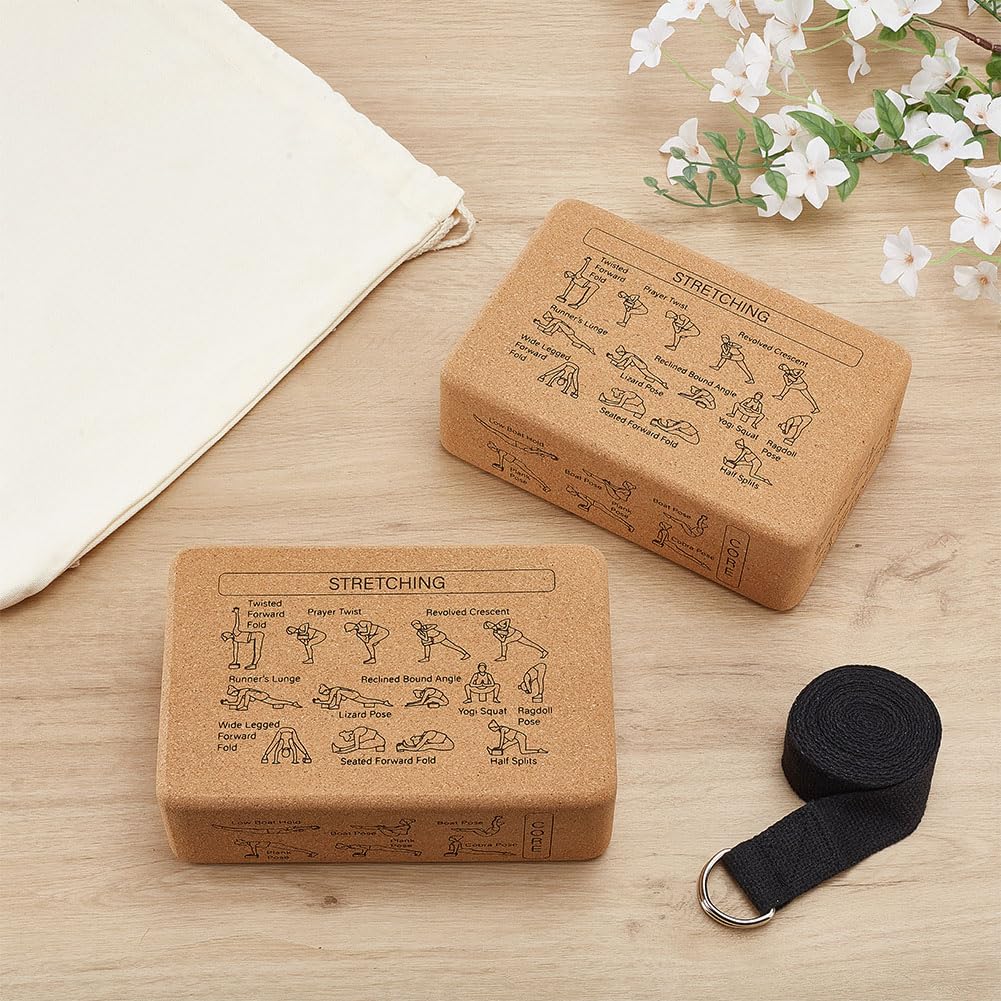 INFUNLY Yoga-Blöcke aus Kork, für Yoga-Posen, Unterricht, 22 x 15 x 7 cm, Set mit 2,4 m Gurt und Canvas-Tasche, Balance-Komfort, rutschfeste Fitness-Blöcke für Pilates, allgemeine Fitness, Stretching