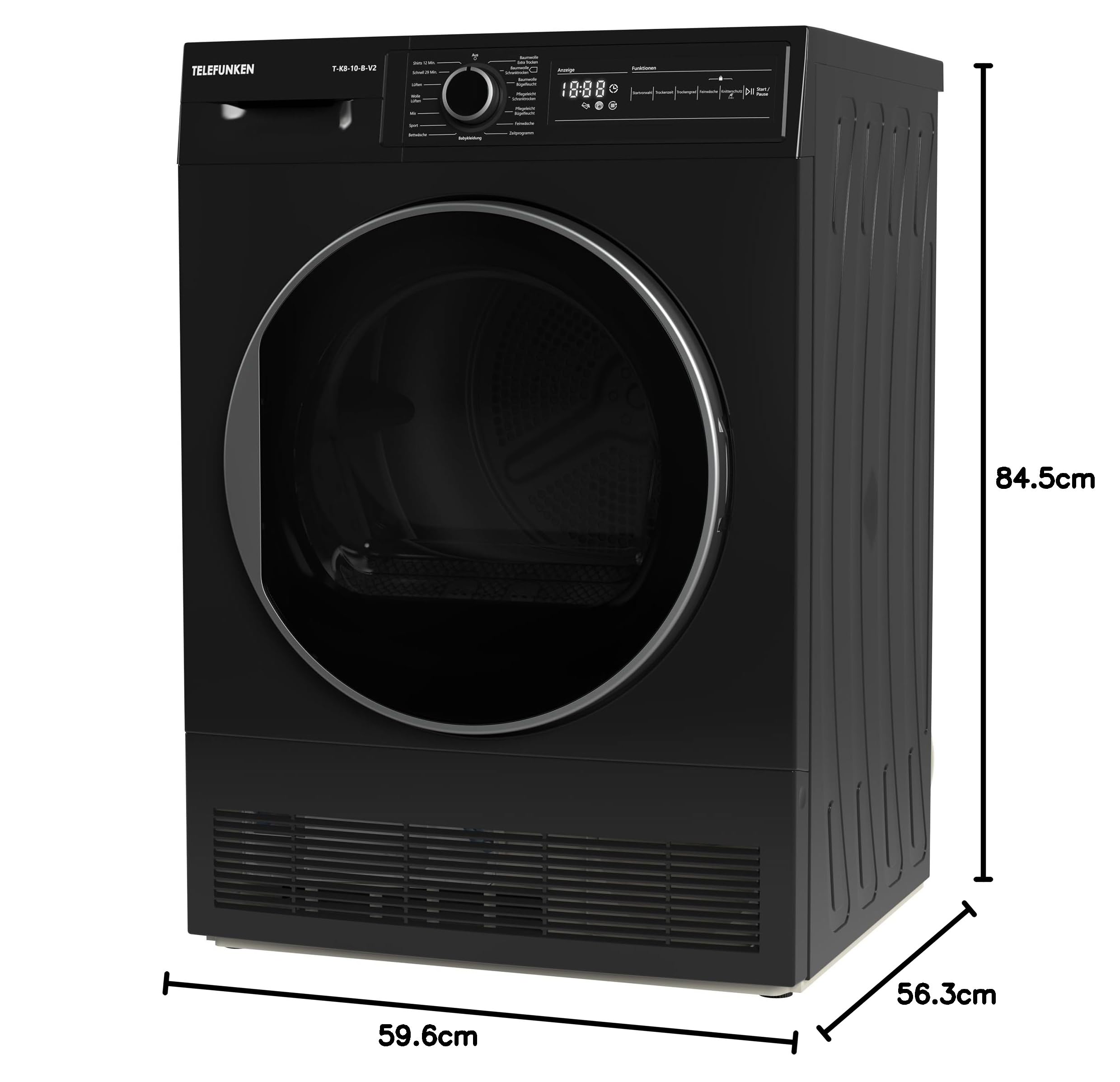 Telefunken T-K8-10-B-V2 Trockner, 8kg Kondenstrockner mit 15 Programmen, Knitterschutz & Trommelreversierung, schwarz